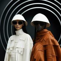 Models channeling space-time distortions in futuristic attire against a geometric minimalist backdrop photo