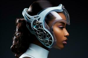 Futuristic model adorned with bio-tech wearable art isolated on a gradient background photo