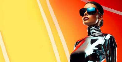 Futuristic model in a sleek chrome jumpsuit isolated on a vibrant gradient background photo