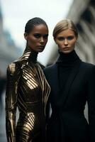 Androgynous futuristic models flaunting metallic minimalist fashion contrasted against monochrome urban backdrops photo