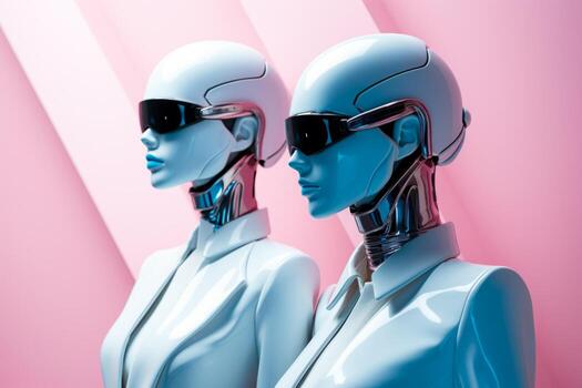 Robotic models exhibiting minimalist attire on neon backdrops background with empty space for text photo