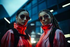 Reflective ensembles in neon cityscape futuristic models posing background with empty space for text photo