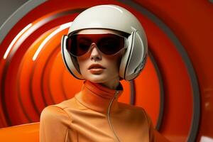 Space age models showcasing futuristic accessories background with empty space for text photo