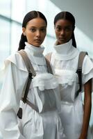 Bio-tech fashion models in sterile lab settings embodying minimalism and avant-garde aesthetics photo