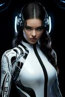 futurista hembra modelo con cibernético elementos aislado en un monocromo degradado antecedentes foto