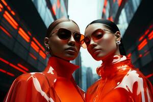 Reflective ensembles in neon cityscape futuristic models posing background with empty space for text photo