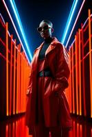 Cyber fashion models don sleek futuristic silhouettes against stark neon landscapes photo