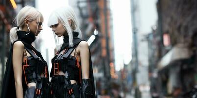 Edgy cybernetic models bringing industrial minimalism to life in a stark futuristic setting photo