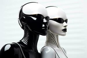 Cybernetic fashion models in sleek monochrome outfits background with empty space for text photo