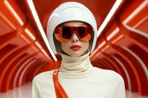 Space age models showcasing futuristic accessories background with empty space for text photo