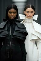Futuristic women in monochrome outfits showcasing cybernetic innovation through minimalist fashion aesthetics photo