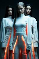 Ethereal models garbed in LED-lit attire embodying a futuristic minimalist style against glowing backgrounds photo