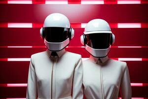 Robotic models exhibiting minimalist attire on neon backdrops background with empty space for text photo