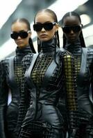 Futuristic models in sleek monochrome suits reflecting sci-fi chic on a neon grid runway photo