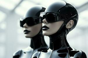 Cybernetic fashion models in sleek monochrome outfits background with empty space for text photo