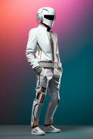 Robotic model showcasing minimalist attire isolated on a neon gradient background photo