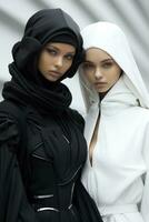 Futuristic women in monochrome outfits showcasing cybernetic innovation through minimalist fashion aesthetics photo