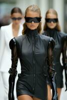 Cybernetic models strutting in sleek monochrome ensembles exuding futuristic elegance photo