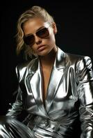 Androgynous model in metallic fashion attire isolated on a gradient monochrome background photo