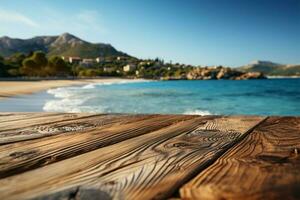 Wooden table top on blurred background of sea island and blue sky AI Generated photo