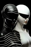 Cybernetic fashion models in sleek monochrome outfits background with empty space for text photo
