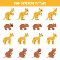 Find Australian animal which is different from others. Worksheet for kids. vector