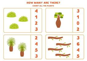 Counting game with cute tropical trees. Educational worksheet. vector