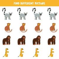 encontrar diferente africano animal en cada fila. lógico juego para preescolar niños. vector