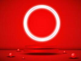 An empty red podium floats in the air with a neon ring in the background. vector