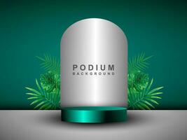 Cylindrical pedestal podium. Background with shadow of coconut leaves. Abstract vector rendering 3d shape product display presentation.