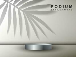 Modern cylindrical pedestal podium. Background with shadow of coconut leaves. Abstract vector rendering 3d shape product display presentation.