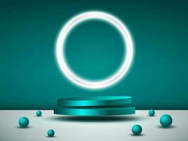 An empty turquoise green podium floats in the air with a neon ring in the background. vector