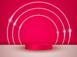 An empty pink podium floats in the air with a neon ring in the background. vector