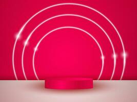 An empty pink podium floats in the air with a neon ring in the background. vector