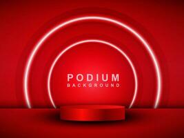 An empty red podium floats in the air with a neon ring in the background. vector