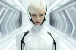 Cybernetic fashion model in sleek monochrome outfit isolated on a futuristic gradient background photo