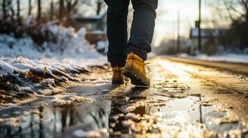 persona corrimiento en glacial ruta destacando inviernos peligroso caminando condiciones foto