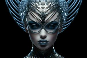 Piercing gaze of a futuristic model in metallic wear isolated on a gradient background photo