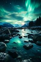 Glaciers in the Arctic sea under Northern Lights expressing natures cold mystical elegance photo