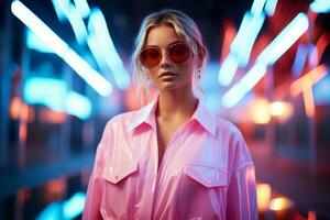 Fashion model in mirror-like ensemble against neon cityscape isolated on a gradient background photo