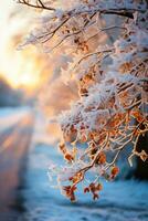 Winter landscape displaying ice-encrusted tree branches glistening under the stark frosty sunlight photo