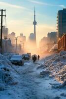 City skyline obscured by heavy ice storm aftermath revealing urban resilience photo