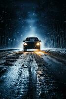 coche patinando en glacial la carretera a noche aislado en un negro degradado antecedentes foto