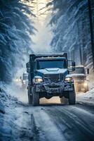 vehículos navegando glacial carreteras en medio de nevada y peligrosamente reducido visibilidad foto