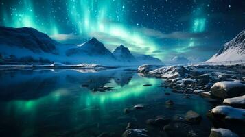 Glaciers in the Arctic sea under Northern Lights expressing natures cold mystical elegance photo