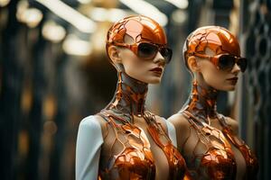 artificial inteligencia modelos vistiendo biomórfico atuendo creando un estéticamente agradable futurista visión foto