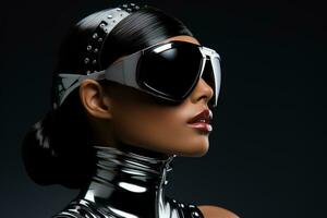 Space age beauty sporting futuristic accessories isolated on a silver gradient background photo