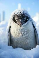 Penguin huddled against harsh Antarctic blizzard isolated on a white gradient background photo