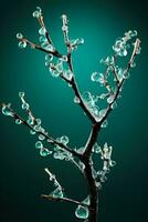 Broken tree branches following an ice storm isolated on a green gradient background photo