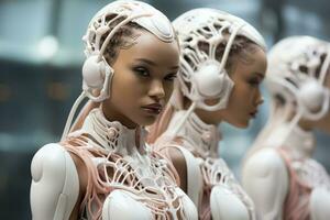 Artificial intelligence models wearing biomorphic attire creating an aesthetically pleasing futuristic vision photo